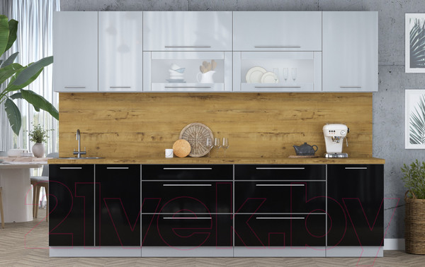 Изображение товара Кухонный гарнитур Интерлиния Мила Пластик 2.9 В (туманный глянец/черный глянец/дуб бунратти)