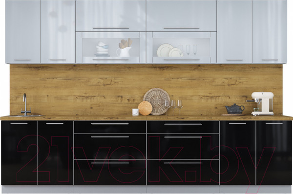 Изображение товара Кухонный гарнитур Интерлиния Мила Пластик 3.2 В (туманный глянец/черный глянец/дуб бунратти)