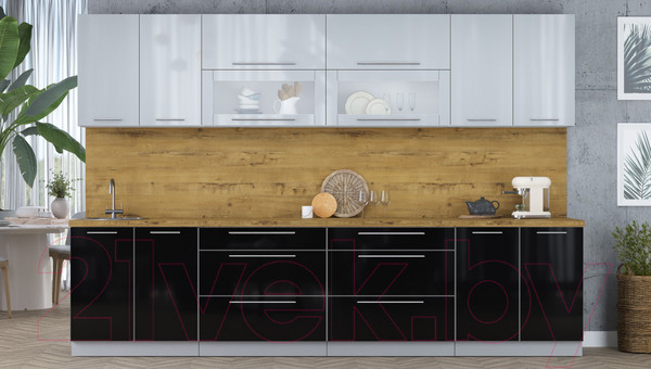 Изображение товара Кухонный гарнитур Интерлиния Мила Пластик 3.2 В (туманный глянец/черный глянец/дуб бунратти)