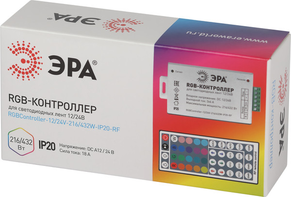 Изображение товара Контроллер для светодиодной ленты ЭРА RGB Controller-12/24V-216/432W-IP20-RF / Б0061112