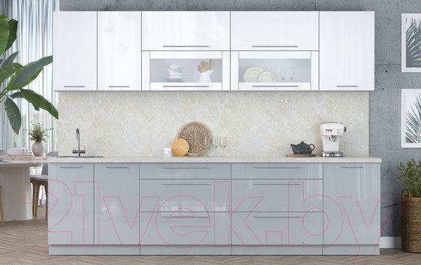 Изображение товара Кухонный гарнитур Интерлиния Мила Пластик 2.9 В (белый глянец/туманный глянец/опал светлый)