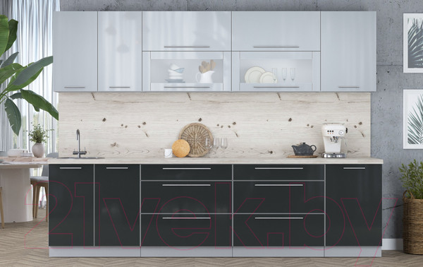 Изображение товара Кухонный гарнитур Интерлиния Мила Пластик 2.9 В (туманный глянец/антрацит/бискайская сосна)