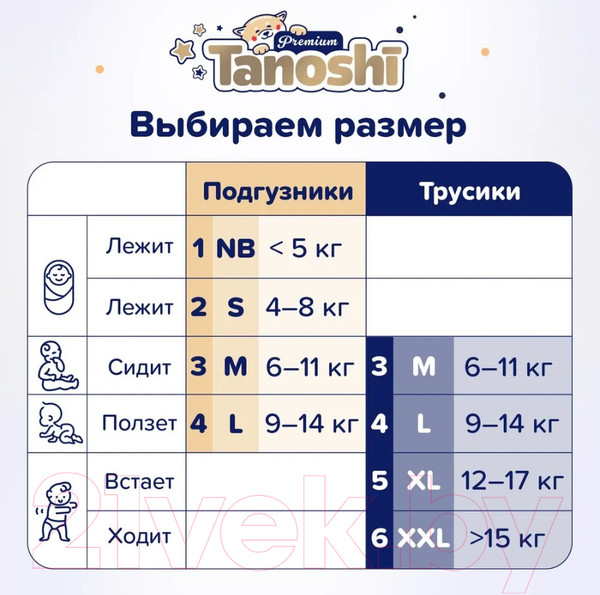 Изображение товара Подгузники-трусики детские Tanoshi Premium Baby Pants XL 12-17кг (38шт)