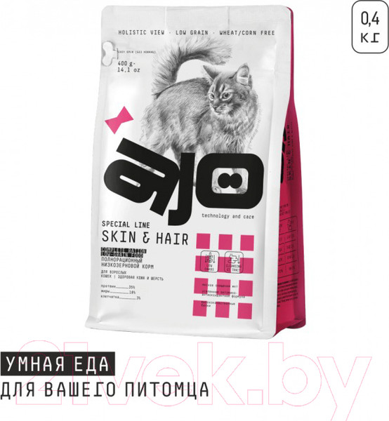Изображение товара Сухой корм для кошек AJO Skin & Hair Здоровая кожа и красивая шерсть (400г)