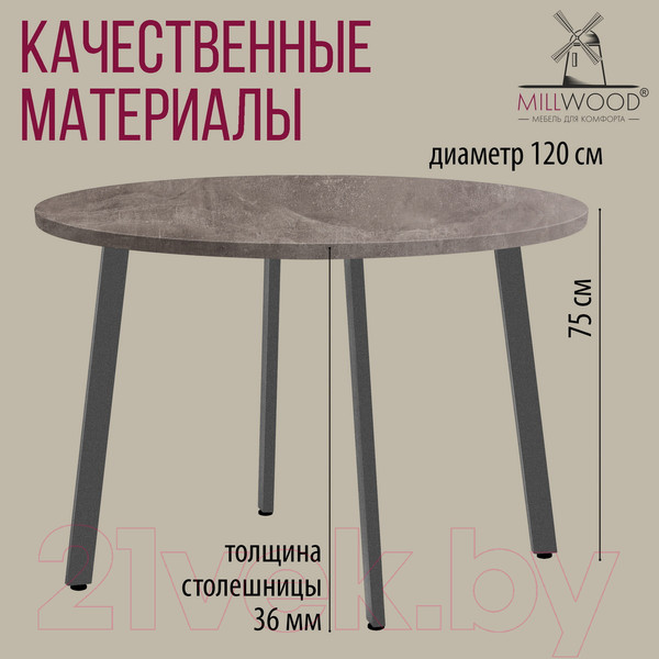 Изображение товара Обеденный стол Millwood Шанхай D1200 (бетон/графит)