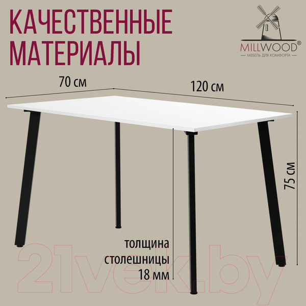 Изображение товара Обеденный стол Millwood Шанхай Л18 120x70 (белый/металл черный)
