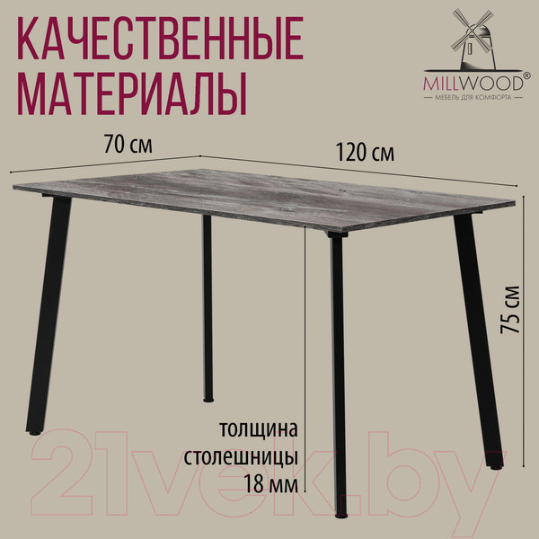 Изображение товара Обеденный стол Millwood Шанхай Л18 120x70 (сосна пасадена/металл черный)