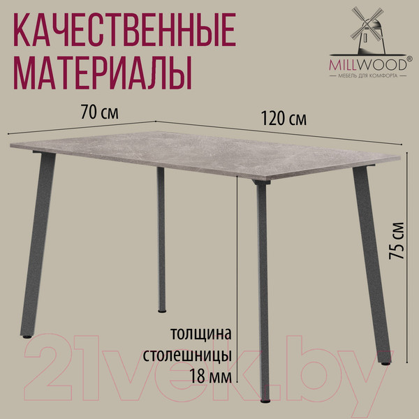 Изображение товара Обеденный стол Millwood Шанхай Л18 120x70 (бетон/графит)