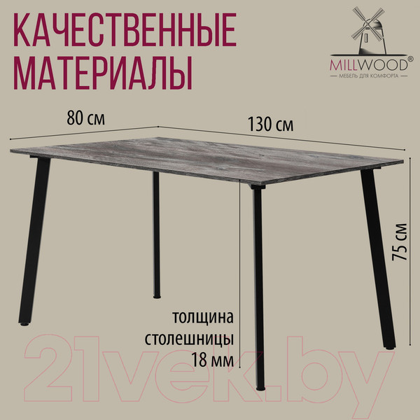 Изображение товара Обеденный стол Millwood Шанхай Л18 130x80 (сосна пасадена/металл черный)