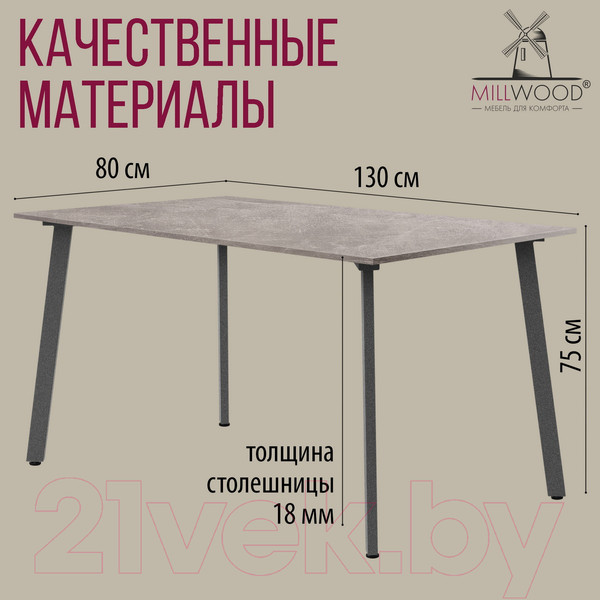 Изображение товара Обеденный стол Millwood Шанхай Л18 130x80 (бетон/графит)