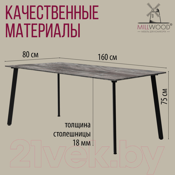 Изображение товара Обеденный стол Millwood Шанхай Л18 160x80 (сосна пасадена/металл черный)