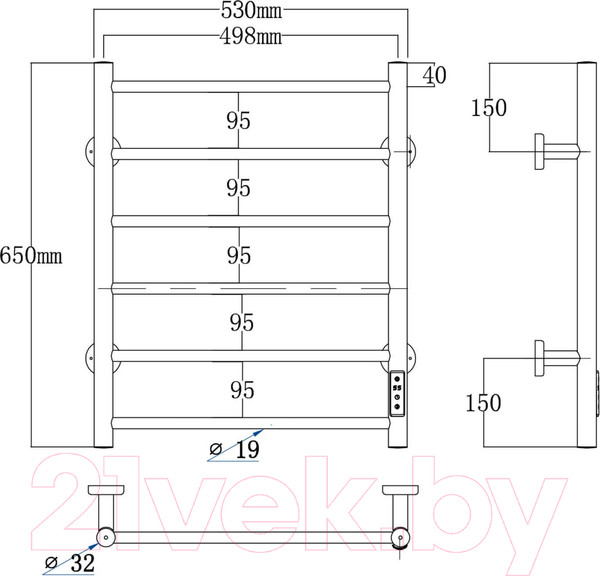 Изображение товара Полотенцесушитель электрический Roxen Caspia BK-109W-6T / 11070-5365B