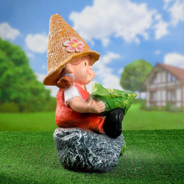 Изображение товара Фигурка для сада Хорошие сувениры Девочка на камне с листом / 1343714