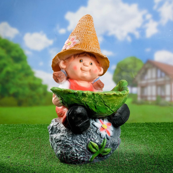 Изображение товара Фигурка для сада Хорошие сувениры Девочка на камне с листом / 1343714