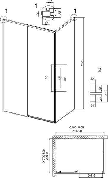 Изображение товара Душевой уголок Grossman Galaxy 100x80x195 / 120.K33.01.1080.32.00 (золото сатин/прозрачное стекло)