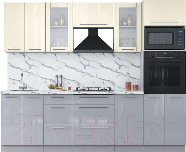 Изображение товара Кухонный гарнитур Интерлиния Мила Пластик 2.6 ВТ (ваниль глянец/туманный глянец/белый гранит)
