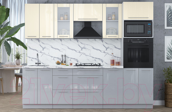 Изображение товара Кухонный гарнитур Интерлиния Мила Пластик 2.6 ВТ (ваниль глянец/туманный глянец/белый гранит)
