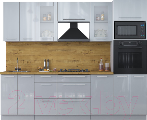 Изображение товара Кухонный гарнитур Интерлиния Мила Пластик 2.6 ВТ (туманный глянец/туманный глянец/дуб бунратти)