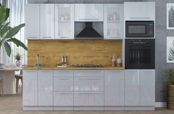 Изображение товара Кухонный гарнитур Интерлиния Мила Пластик 2.6 ВТ (туманный глянец/туманный глянец/дуб бунратти)