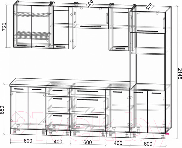 Изображение товара Кухонный гарнитур Интерлиния Мила Пластик 2.6 ВТ (туманный глянец/туманный глянец/дуб бунратти)