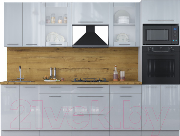 Изображение товара Кухонный гарнитур Интерлиния Мила Пластик 2.8 ВТ (туманный глянец/туманный глянец/дуб бунратти)