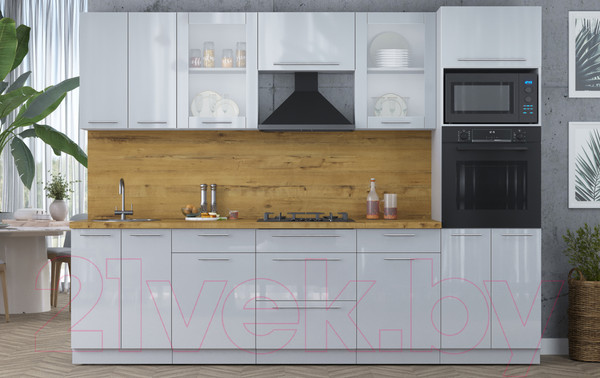Изображение товара Кухонный гарнитур Интерлиния Мила Пластик 2.8 ВТ (туманный глянец/туманный глянец/дуб бунратти)