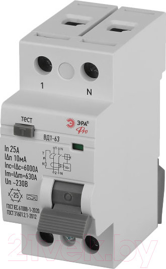 Изображение товара Устройство защитного отключения ЭРА Pro VD2EM25A10 ВД1-63 2P 25А 10мА тип А / Б0061640