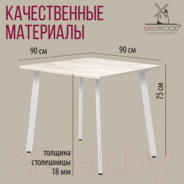 Изображение товара Обеденный стол Millwood Шанхай Л18 90x90 (дуб белый Craft/металл белый)