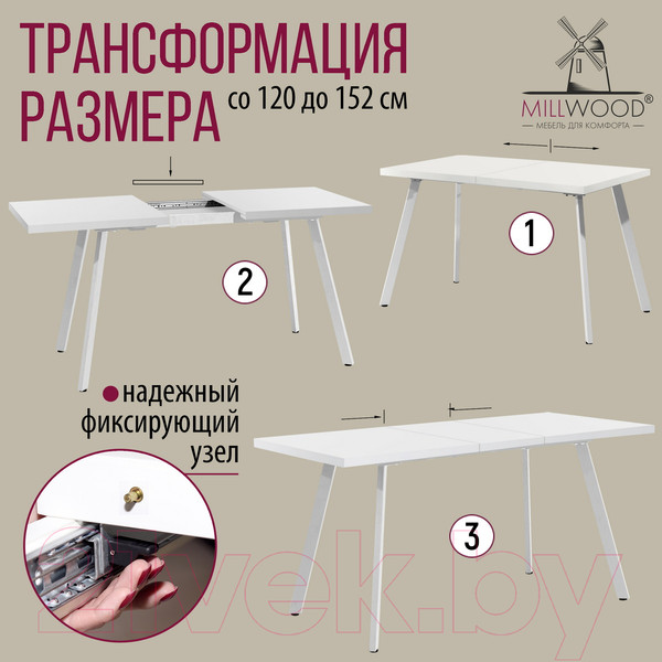 Изображение товара Обеденный стол Millwood Ванкувер 120-152x70x75 (белый/металл белый)