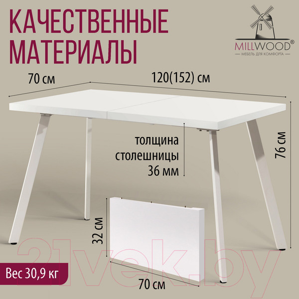 Изображение товара Обеденный стол Millwood Ванкувер 120-152x70x75 (белый/металл белый)