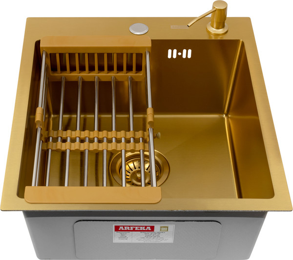 Изображение товара Мойка кухонная Arfeka Eco AR 45x50 + CL AR + DS AR (золото, с дозатором и коландером)