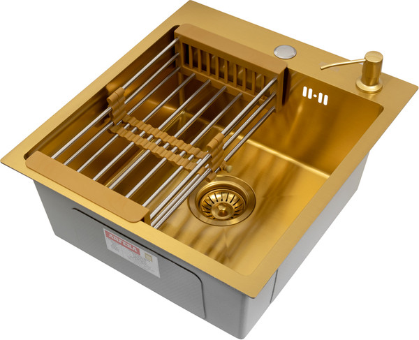 Изображение товара Мойка кухонная Arfeka Eco AR 45x50 + CL AR + DS AR (золото, с дозатором и коландером)
