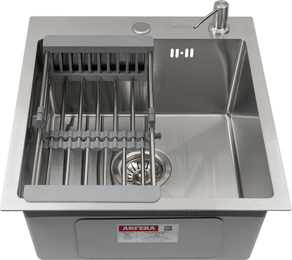 Изображение товара Мойка кухонная Arfeka Eco AR 45x50 + CL AR + DS AR (сатин, с дозатором и коландером)