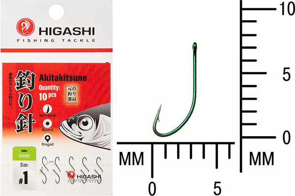Изображение товара Набор крючков рыболовных Higashi Akitakitsune ringed №1 Green / 04897