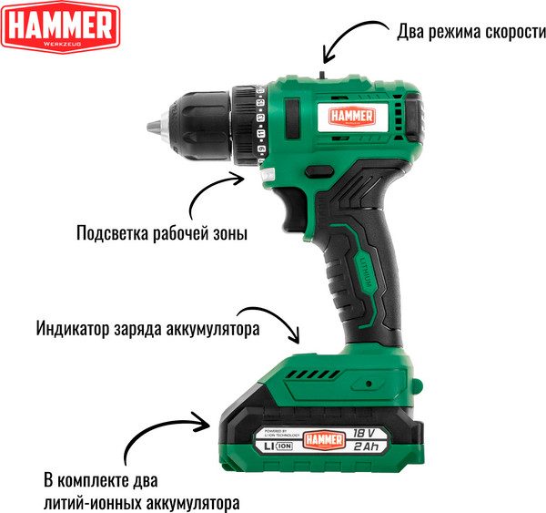 Изображение товара Аккумуляторная дрель-шуруповерт Hammer ACD18BLC