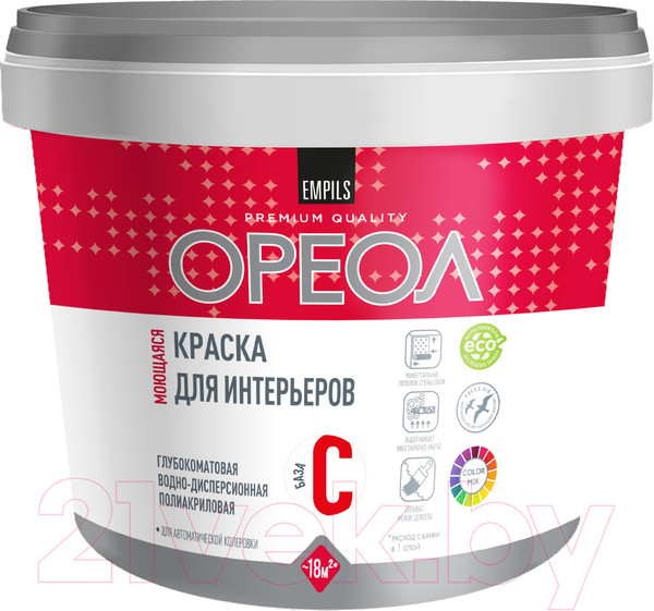 Изображение товара Краска Ореол Интерьерная моющаяся База С (12.2кг, глубокоматовый)