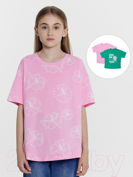 Изображение товара Комплект футболок детских Mark Formelle 117843-2 (р.122-60, зеленый топаз/цветы на розовом)
