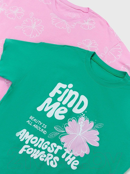 Изображение товара Комплект футболок детских Mark Formelle 117843-2 (р.134-68, зеленый топаз/цветы на розовом)