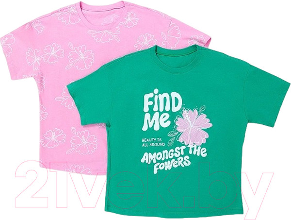 Изображение товара Комплект футболок детских Mark Formelle 117843-2 (р.140-68, зеленый топаз/цветы на розовом)