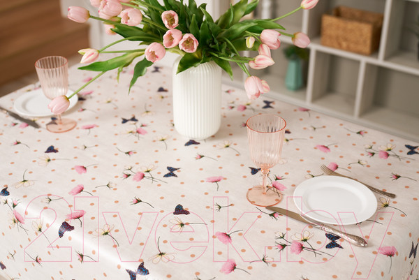 Изображение товара Скатерть Stolima Dunya Бабочки и горох (220x130, карамель)