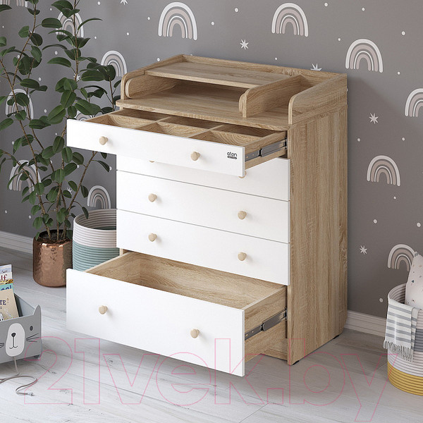 Изображение товара Комод пеленальный Атон Leo 805 С органайзером С шариковыми направляющими (дуб сонома/белый)