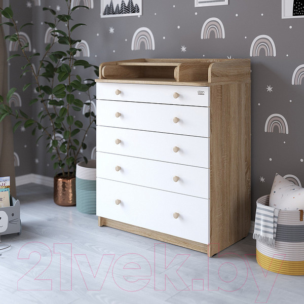 Изображение товара Комод пеленальный Атон Leo 805 С органайзером С шариковыми направляющими (дуб сонома/белый)
