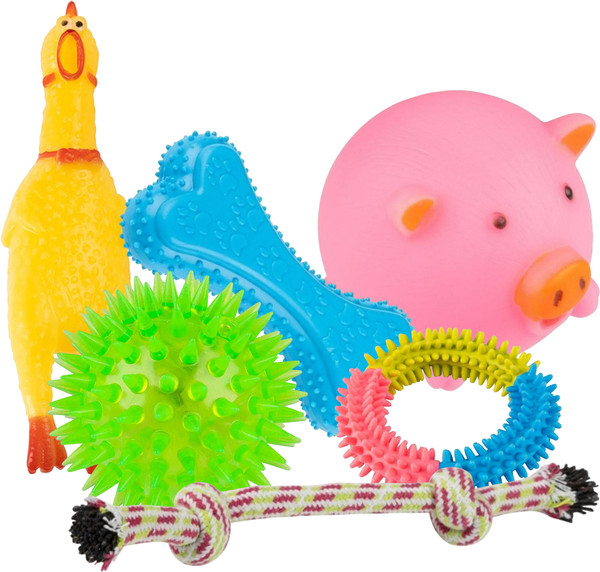 Изображение товара Набор игрушек для собак Рыжий кот Веревка, шар, кольцо, кость, пищалки: свинка и курица (6шт)