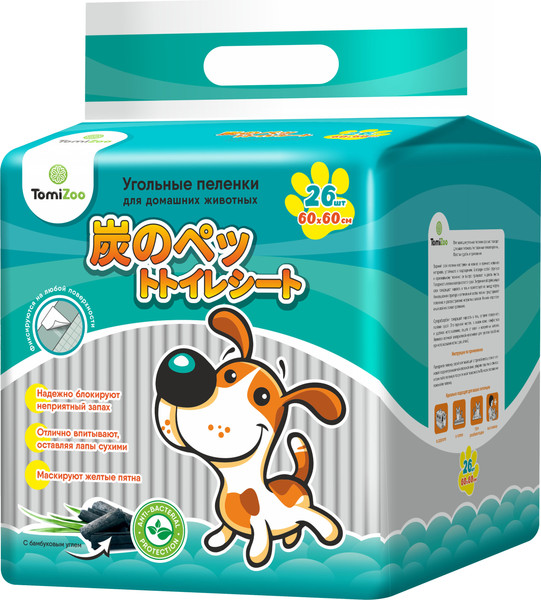 Изображение товара Одноразовая пеленка для животных TomiZoo Угольные PP60 M (60x60см, 26шт)