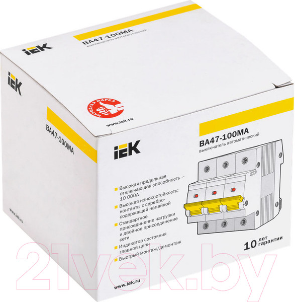 Изображение товара Выключатель автоматический IEK ВА47-100МА 3P 125А 10кА D / MVA43-3-125-D