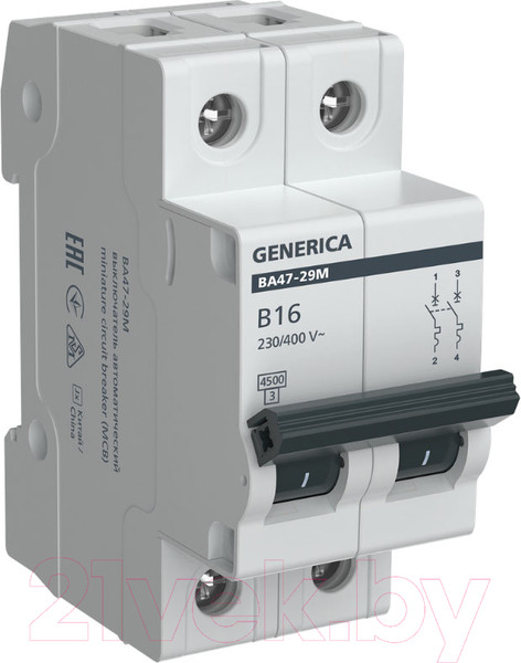 Изображение товара Выключатель автоматический Generica ВА47-29М 2P 16А 4.5кА B / MVA21-2-016-B-G