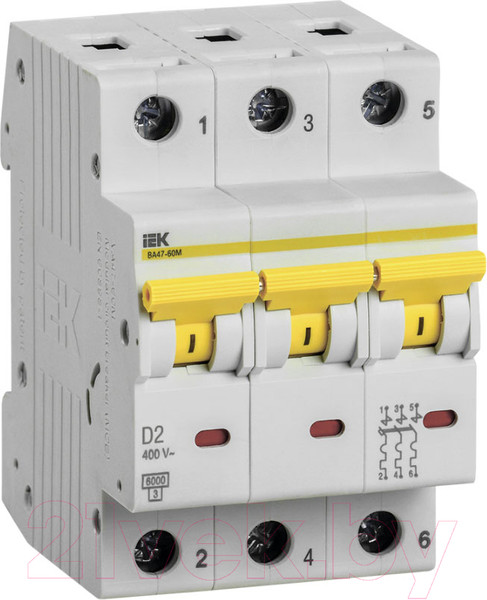 Изображение товара Выключатель автоматический IEK ВА47-60M 3Р 2А 6кА D / MVA31-3-002-D
