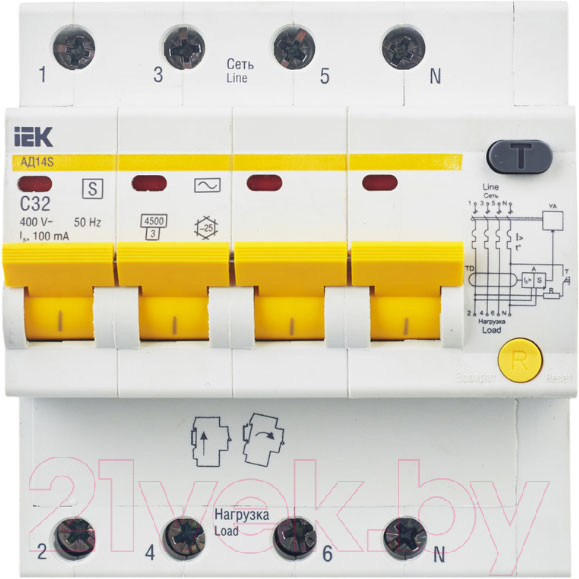 Изображение товара Дифференциальный автомат IEK АД14S 4Р 32А 100мА / MAD13-4-032-C-100