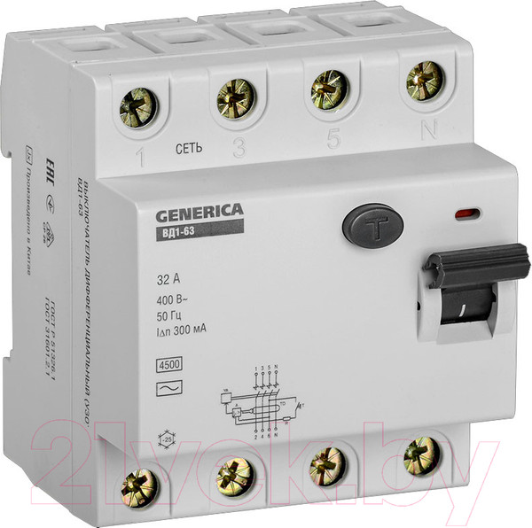Изображение товара Устройство защитного отключения Generica ВД1-63 4Р 32А 300мА / MDV15-4-032-300