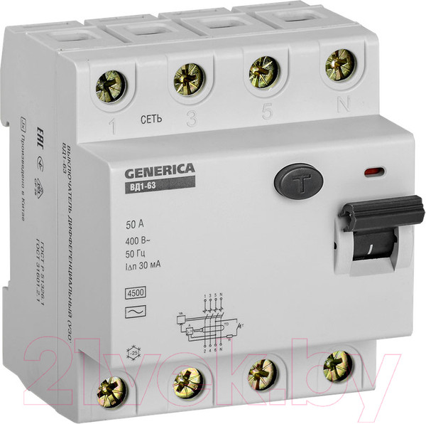 Изображение товара Устройство защитного отключения Generica ВД1-63 4Р 50А 30мА / MDV15-4-050-030